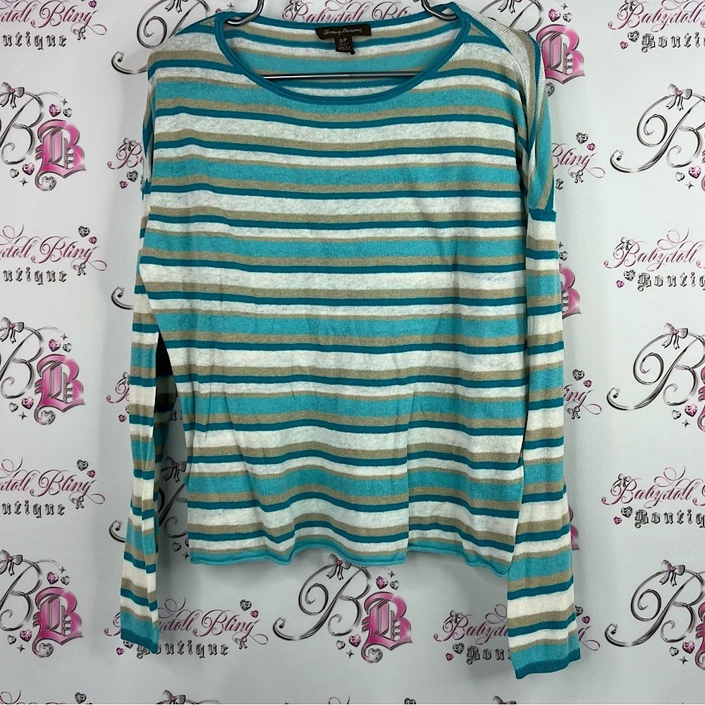Tommy Bahama shirt long sleeves stripes Teal and Beige Striped Top